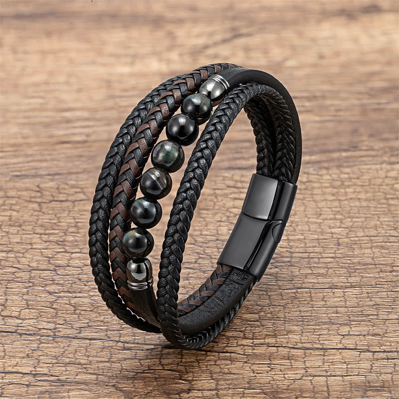 KarmaRipple's Tiger Eye Lava Rock Black Onyx Lazurite Hematite Bead Positive Leather Bracelet p38