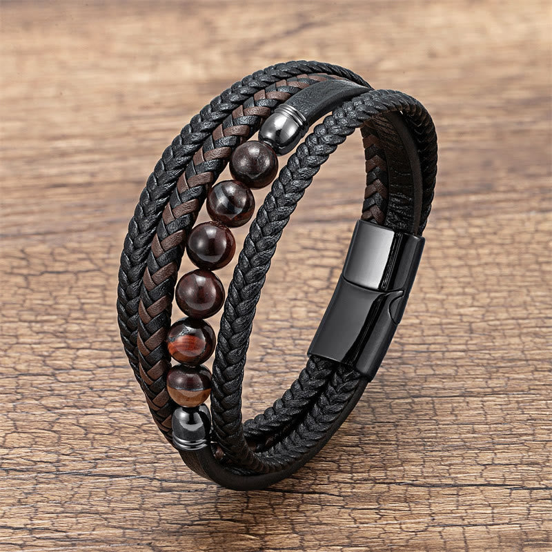 KarmaRipple's Tiger Eye Lava Rock Black Onyx Lazurite Hematite Bead Positive Leather Bracelet p43