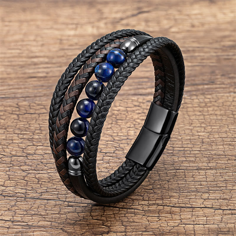 KarmaRipple's Tiger Eye Lava Rock Black Onyx Lazurite Hematite Bead Positive Leather Bracelet p47