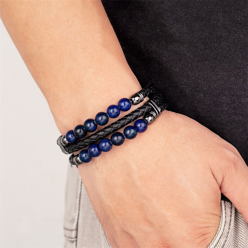 KarmaRipple's Tiger Eye Hematite Lava Rock Black Onyx Lazurite Beadwork Protection Strength Leather Bracelet p19