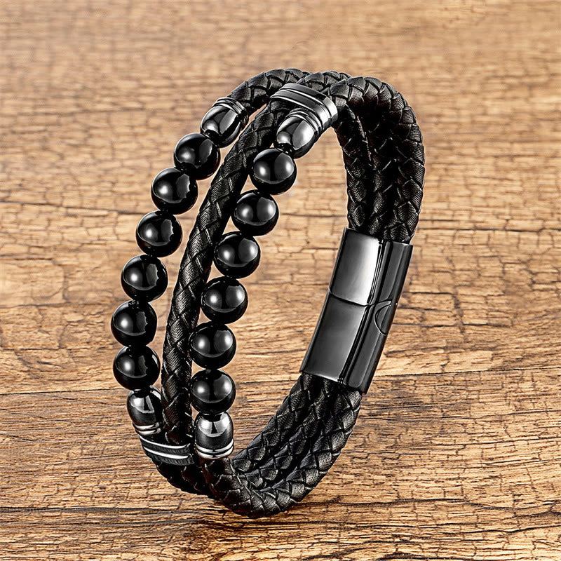 KarmaRipple's Tiger Eye Hematite Lava Rock Black Onyx Lazurite Beadwork Protection Strength Leather Bracelet p44