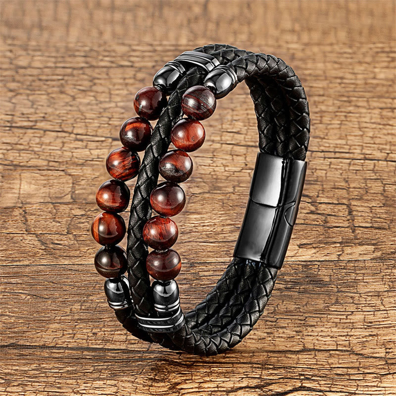 KarmaRipple's Tiger Eye Hematite Lava Rock Black Onyx Lazurite Beadwork Protection Strength Leather Bracelet p38