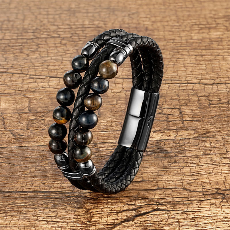 KarmaRipple's Tiger Eye Hematite Lava Rock Black Onyx Lazurite Beadwork Protection Strength Leather Bracelet p33