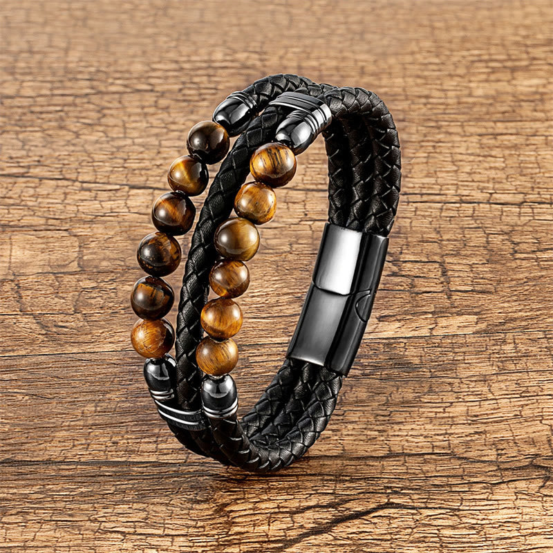 KarmaRipple's Tiger Eye Hematite Lava Rock Black Onyx Lazurite Beadwork Protection Strength Leather Bracelet p4