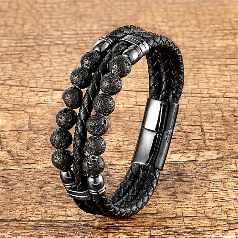 KarmaRipple's Tiger Eye Hematite Lava Rock Black Onyx Lazurite Beadwork Protection Strength Leather Bracelet p40