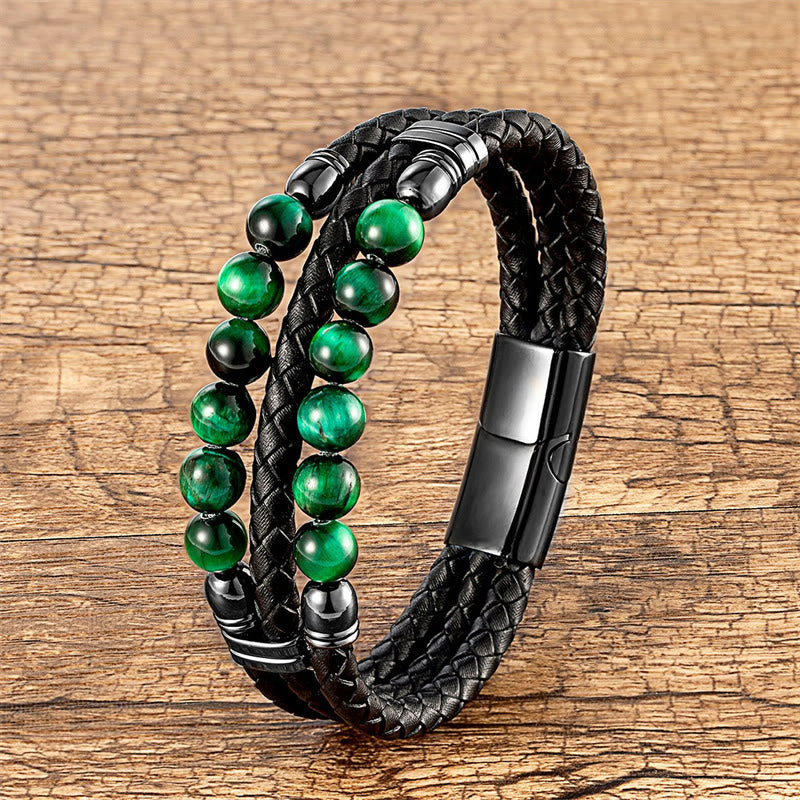 KarmaRipple's Tiger Eye Hematite Lava Rock Black Onyx Lazurite Beadwork Protection Strength Leather Bracelet p47