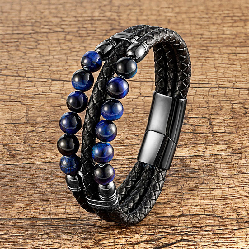 KarmaRipple's Tiger Eye Hematite Lava Rock Black Onyx Lazurite Beadwork Protection Strength Leather Bracelet p1