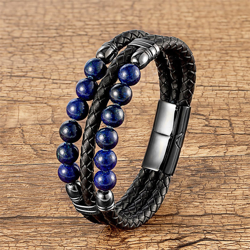 KarmaRipple's Tiger Eye Hematite Lava Rock Black Onyx Lazurite Beadwork Protection Strength Leather Bracelet p50