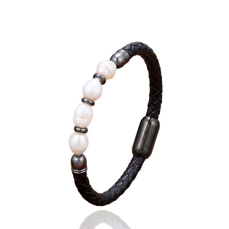 KarmaRipple's Handmade Irregular Shaped Pearls Balancing Leather Titanium Steel Buckle Bracelet p10