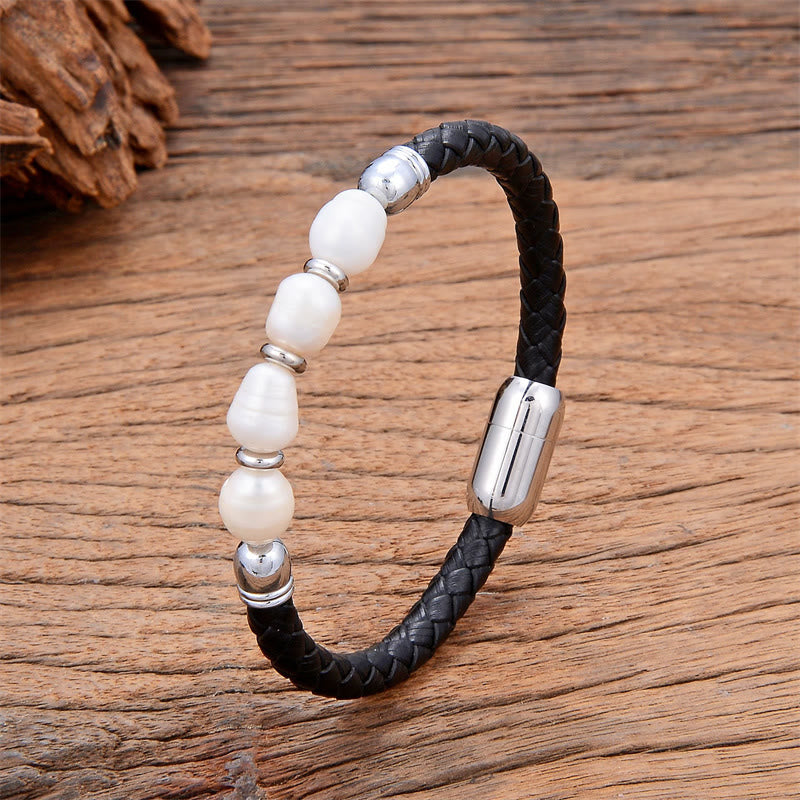 KarmaRipple's Handmade Irregular Shaped Pearls Balancing Leather Titanium Steel Buckle Bracelet p24