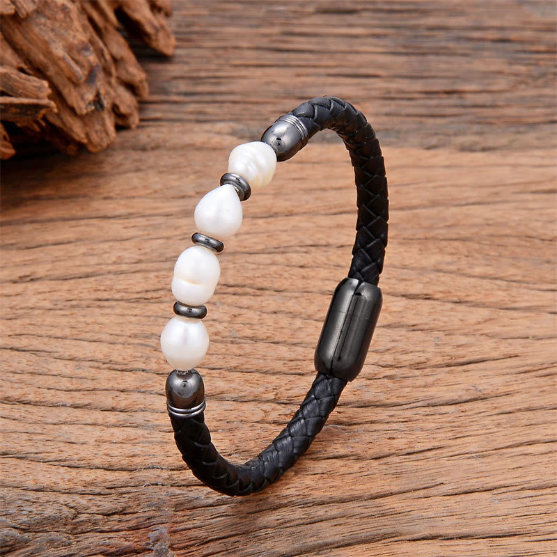KarmaRipple's Handmade Irregular Shaped Pearls Balancing Leather Titanium Steel Buckle Bracelet p28
