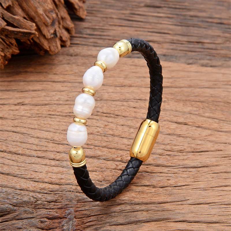 KarmaRipple's Handmade Irregular Shaped Pearls Balancing Leather Titanium Steel Buckle Bracelet p20