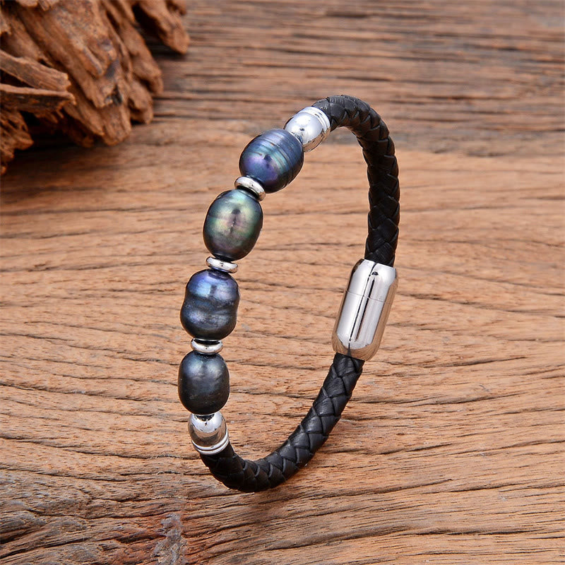 KarmaRipple's Handmade Irregular Shaped Pearls Balancing Leather Titanium Steel Buckle Bracelet p16