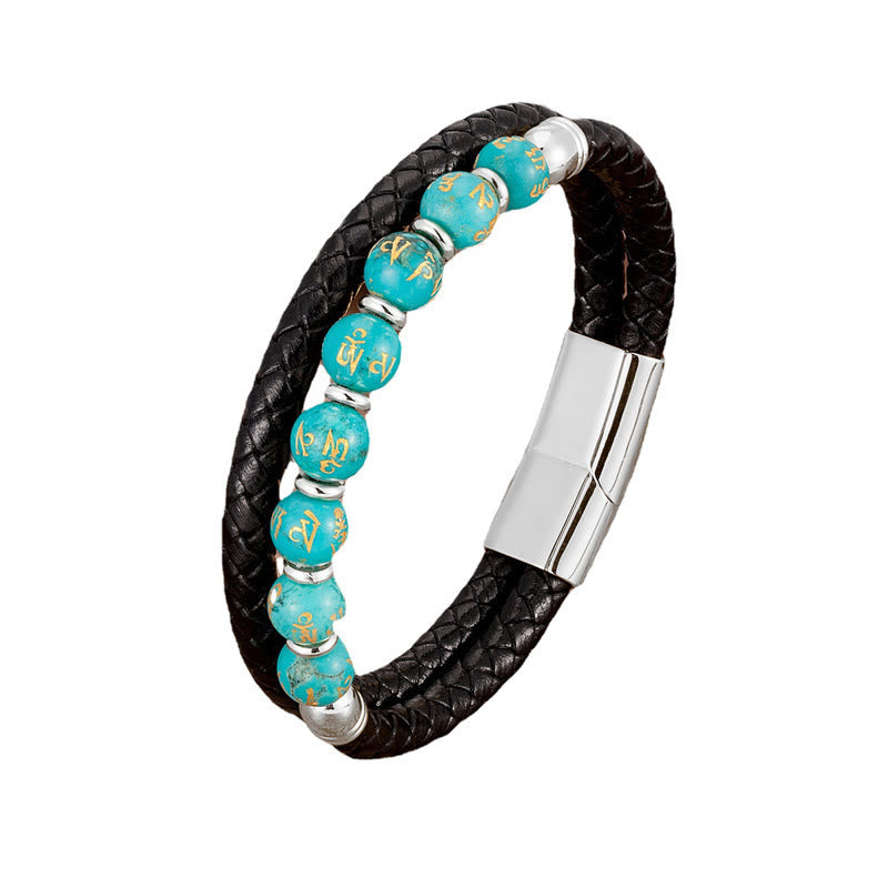 KarmaRipple's Black Onyx Turquoise Tiger Eye Red Agate Om Mani Padme Hum Strength Leather Bracelet p15