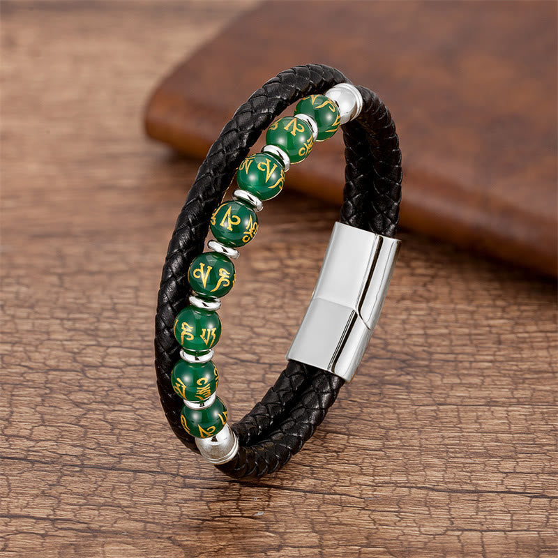 KarmaRipple's Black Onyx Turquoise Tiger Eye Red Agate Om Mani Padme Hum Strength Leather Bracelet p37