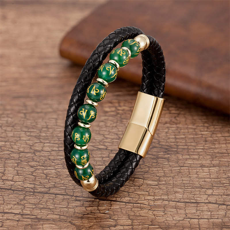 KarmaRipple's Black Onyx Turquoise Tiger Eye Red Agate Om Mani Padme Hum Strength Leather Bracelet p34