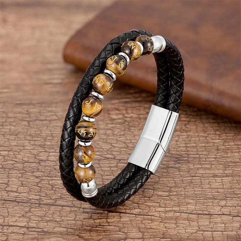 KarmaRipple's Black Onyx Turquoise Tiger Eye Red Agate Om Mani Padme Hum Strength Leather Bracelet p47