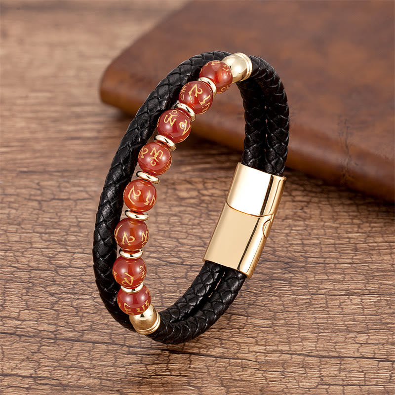 KarmaRipple's Black Onyx Turquoise Tiger Eye Red Agate Om Mani Padme Hum Strength Leather Bracelet p40