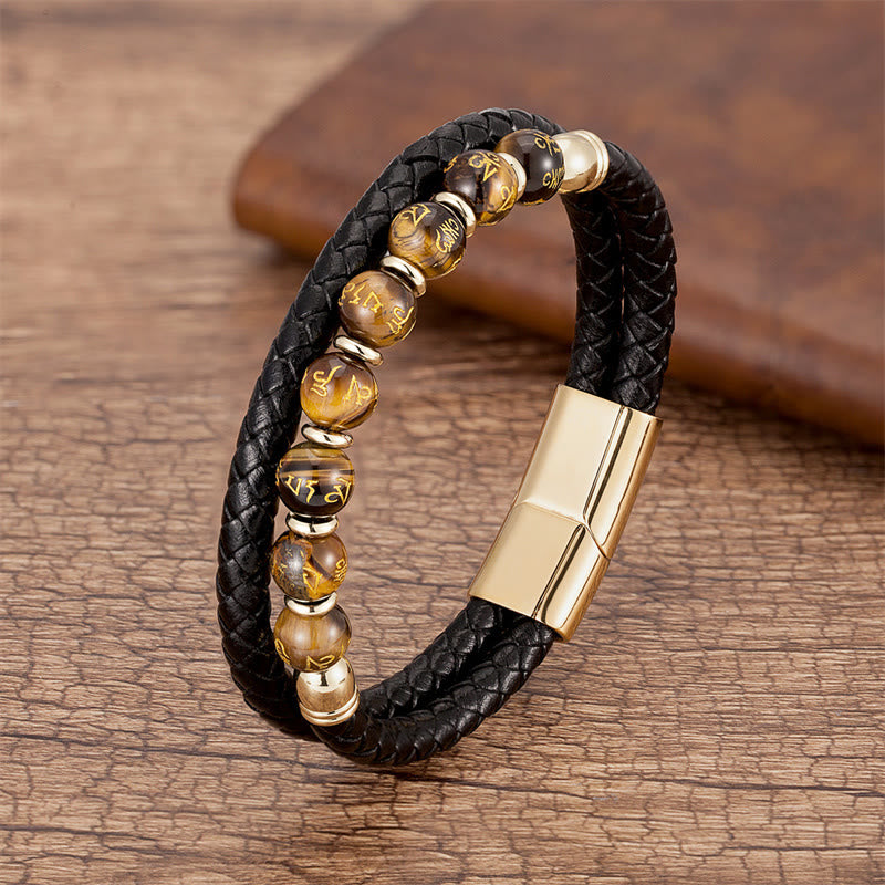 KarmaRipple's Black Onyx Turquoise Tiger Eye Red Agate Om Mani Padme Hum Strength Leather Bracelet p44
