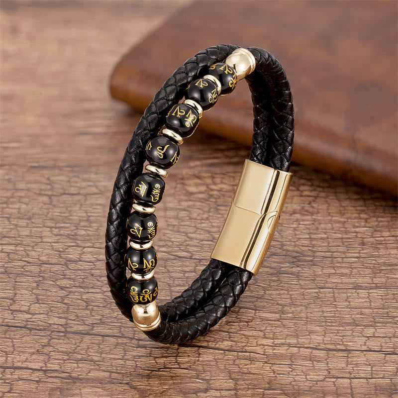 KarmaRipple's Black Onyx Turquoise Tiger Eye Red Agate Om Mani Padme Hum Strength Leather Bracelet p22