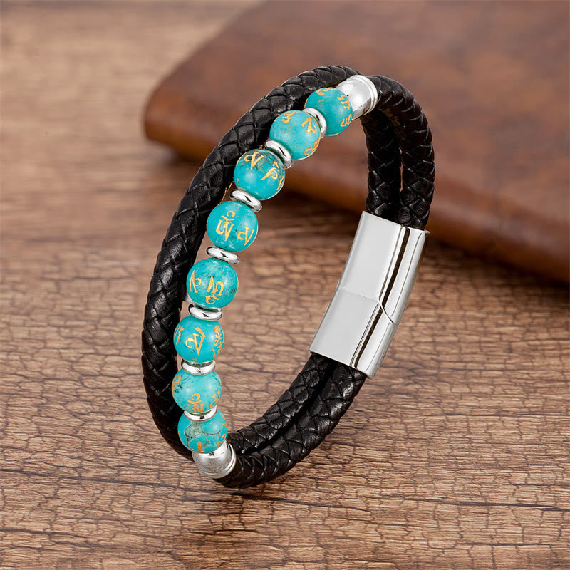 KarmaRipple's Black Onyx Turquoise Tiger Eye Red Agate Om Mani Padme Hum Strength Leather Bracelet p31