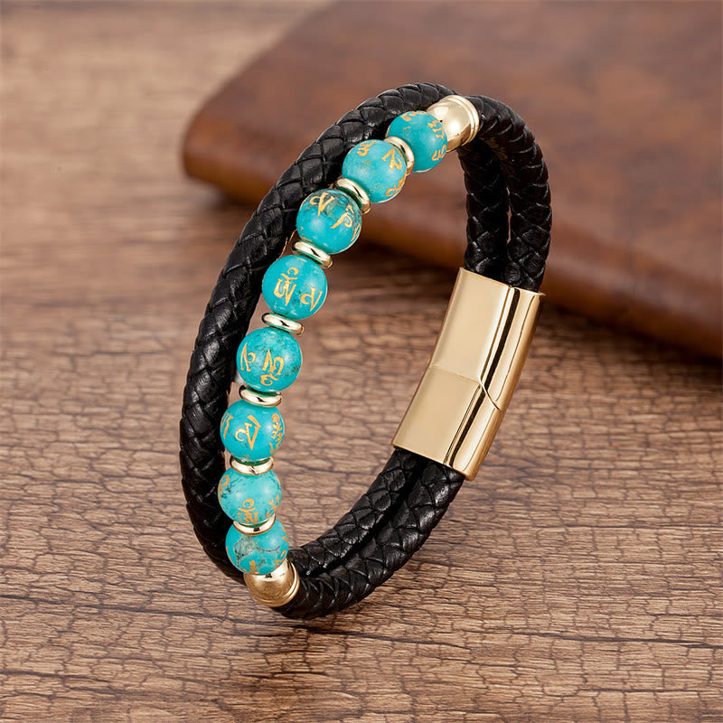 KarmaRipple's Black Onyx Turquoise Tiger Eye Red Agate Om Mani Padme Hum Strength Leather Bracelet p28