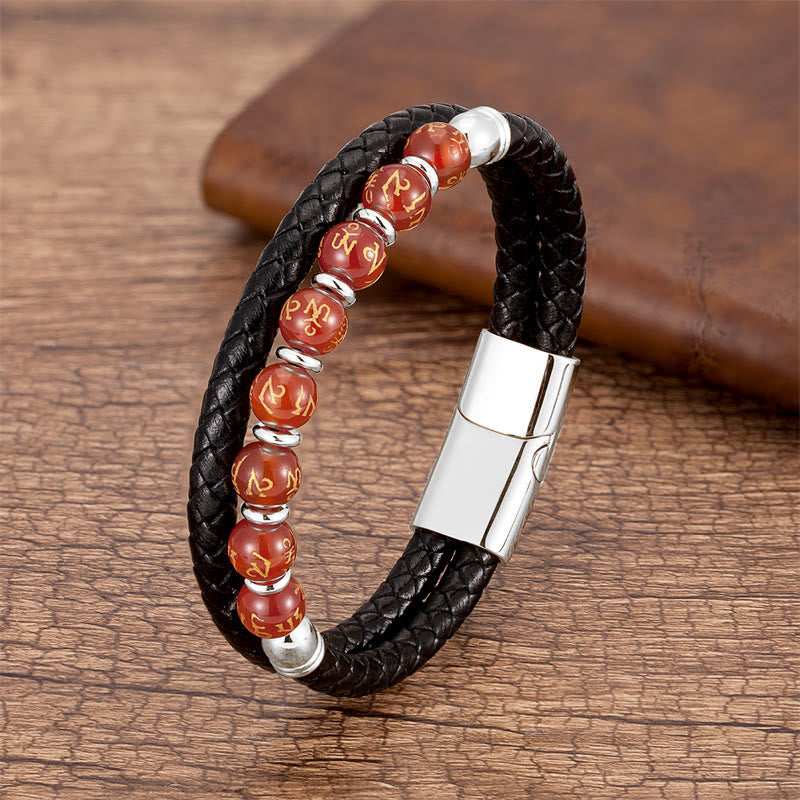 KarmaRipple's Black Onyx Turquoise Tiger Eye Red Agate Om Mani Padme Hum Strength Leather Bracelet p8