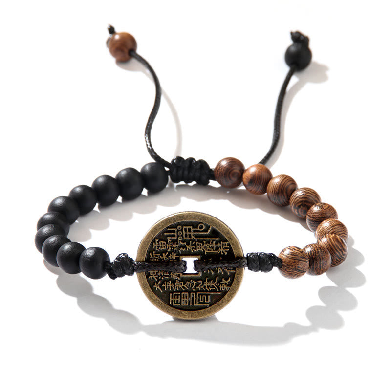 KarmaRipple's Ebony Wood Wenge Wood Mountain Ghosts Spend Money Bagua Bronze Coin Peace Bracelet p6