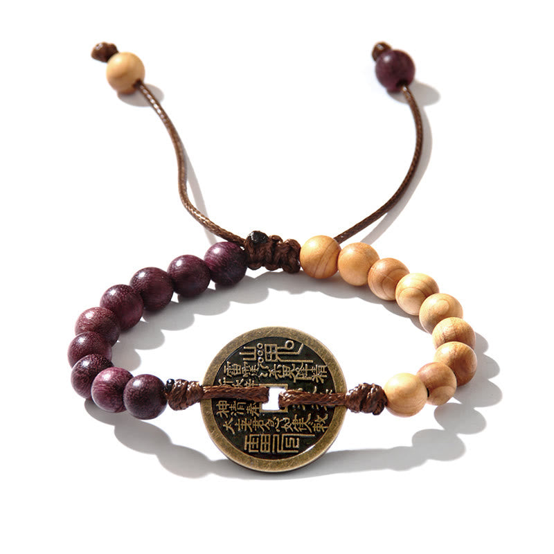 KarmaRipple's Ebony Wood Wenge Wood Mountain Ghosts Spend Money Bagua Bronze Coin Peace Bracelet p12