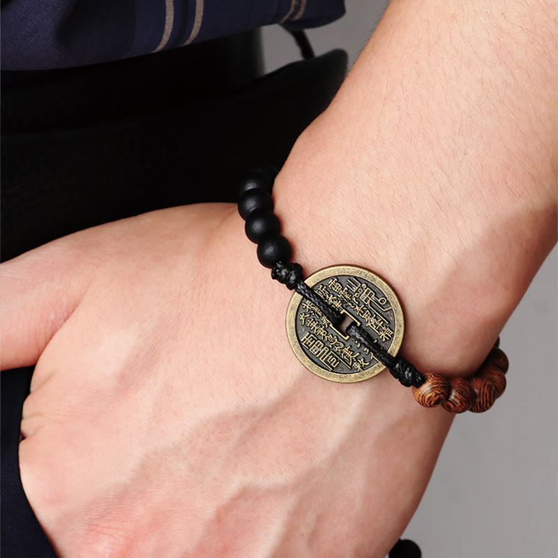 KarmaRipple's Ebony Wood Wenge Wood Mountain Ghosts Spend Money Bagua Bronze Coin Peace Bracelet p1