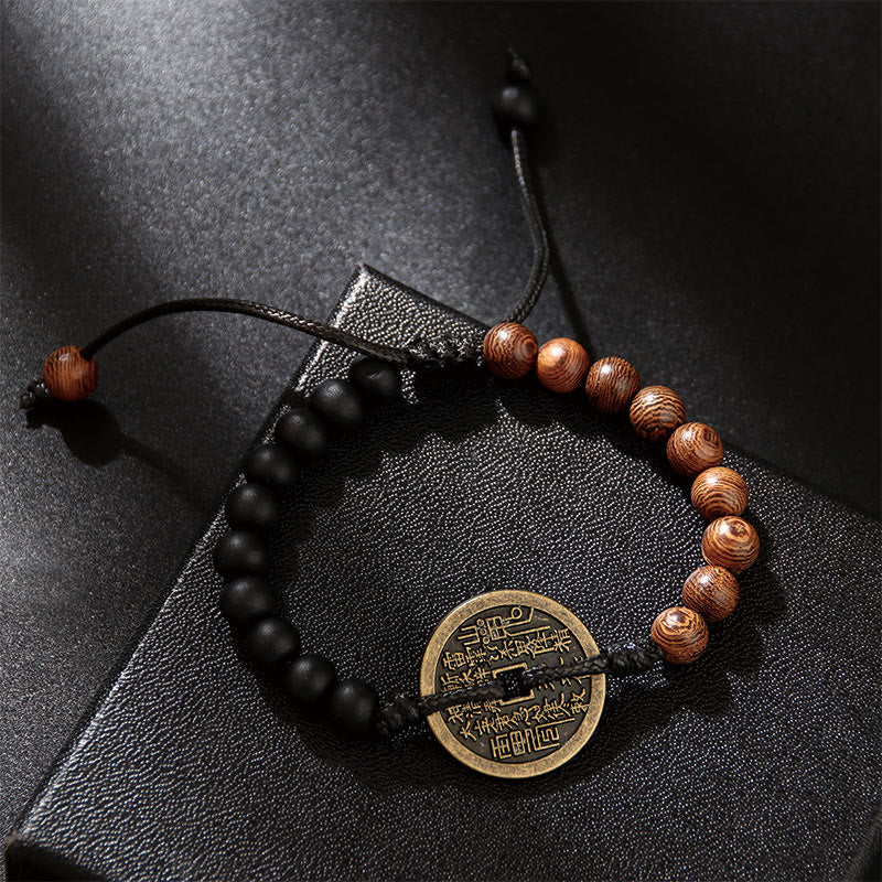 KarmaRipple's Ebony Wood Wenge Wood Mountain Ghosts Spend Money Bagua Bronze Coin Peace Bracelet p5