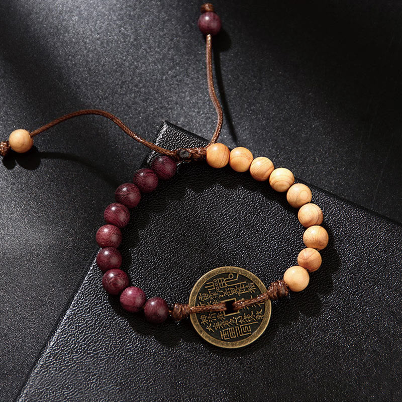 KarmaRipple's Ebony Wood Wenge Wood Mountain Ghosts Spend Money Bagua Bronze Coin Peace Bracelet p11