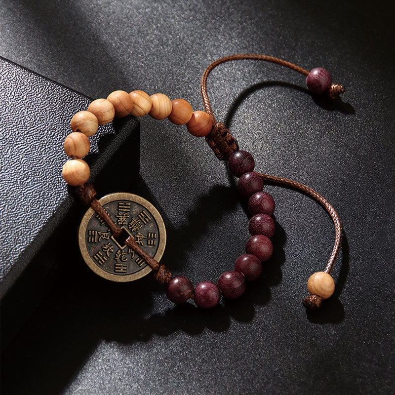 KarmaRipple's Ebony Wood Wenge Wood Mountain Ghosts Spend Money Bagua Bronze Coin Peace Bracelet p10