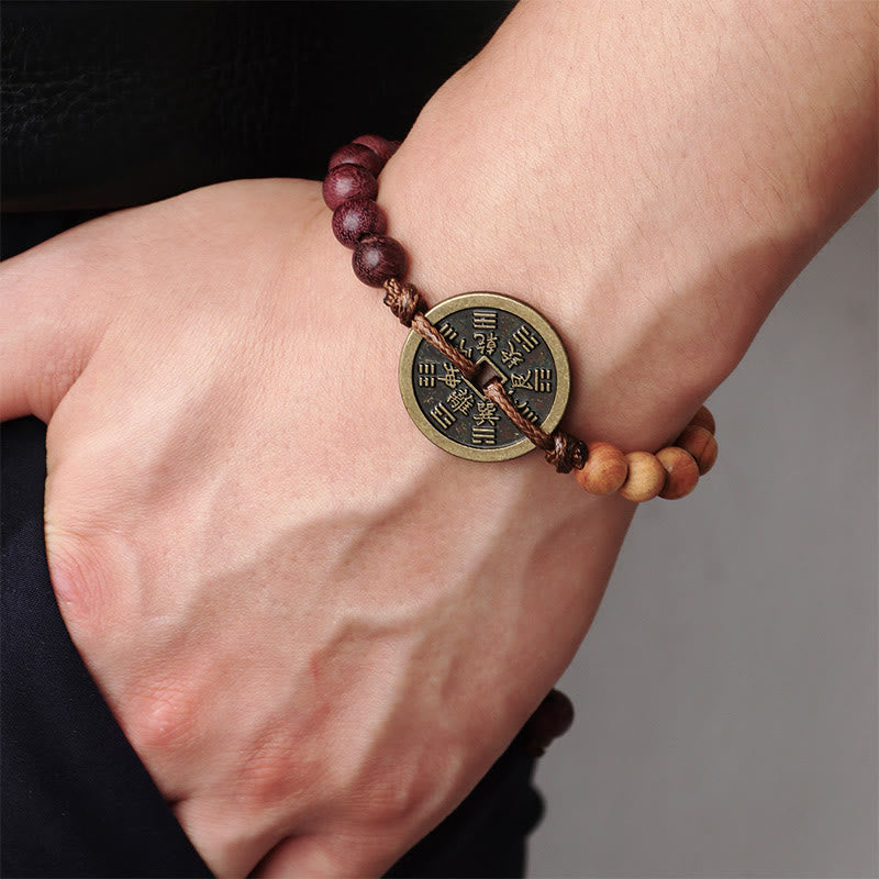 KarmaRipple's Ebony Wood Wenge Wood Mountain Ghosts Spend Money Bagua Bronze Coin Peace Bracelet p16