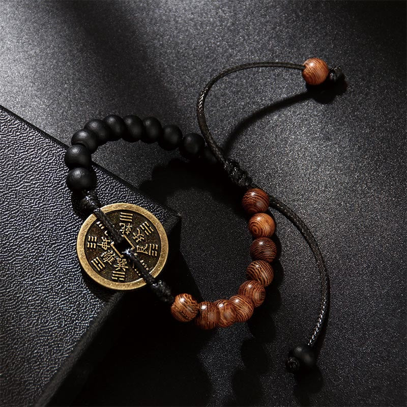 KarmaRipple's Ebony Wood Wenge Wood Mountain Ghosts Spend Money Bagua Bronze Coin Peace Bracelet p4
