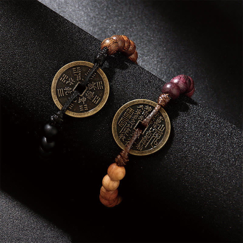 KarmaRipple's Ebony Wood Wenge Wood Mountain Ghosts Spend Money Bagua Bronze Coin Peace Bracelet p3