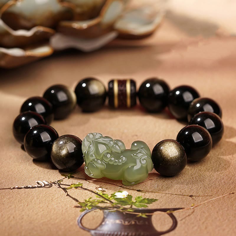KarmaRipple's Authentic Gold Sheen Obsidian Hetian Cyan Jade Ivory Jade PiXiu Wealth Bracelet p1