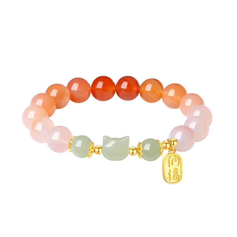 KarmaRipple's 925 Sterling Silver Red Agate Hetian Jade Cat Fu Character Confidence Bracelet p12