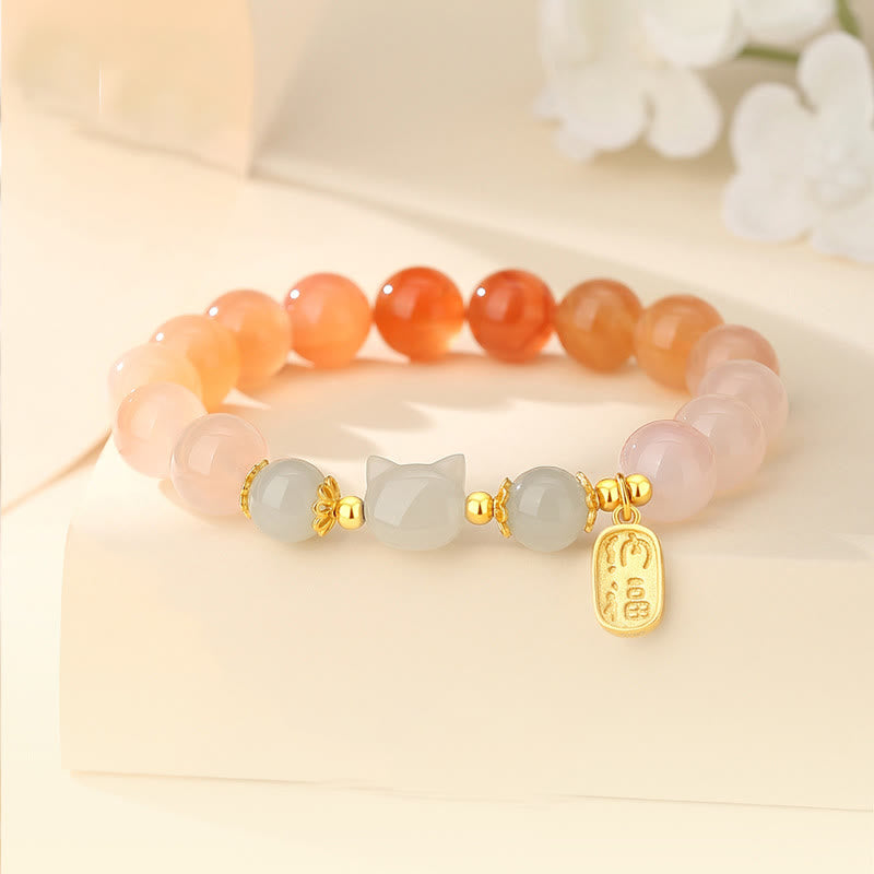 KarmaRipple's 925 Sterling Silver Red Agate Hetian Jade Cat Fu Character Confidence Bracelet p1