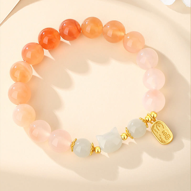 KarmaRipple's 925 Sterling Silver Red Agate Hetian Jade Cat Fu Character Confidence Bracelet p2
