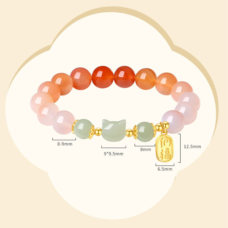 KarmaRipple's 925 Sterling Silver Red Agate Hetian Jade Cat Fu Character Confidence Bracelet p11