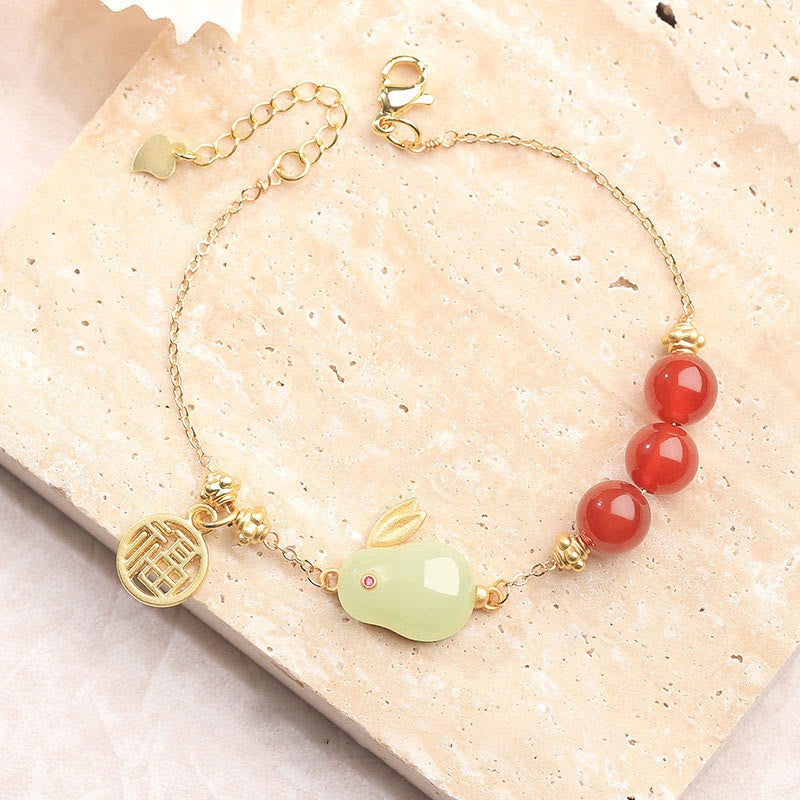 KarmaRipple's Red Agate Beaded Hetian Jade Rabbit Fu Character Fortune Buckle Chain Bracelet p2