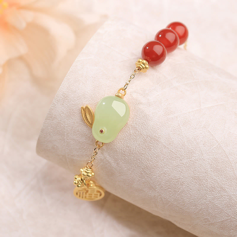 KarmaRipple's Red Agate Beaded Hetian Jade Rabbit Fu Character Fortune Buckle Chain Bracelet p4