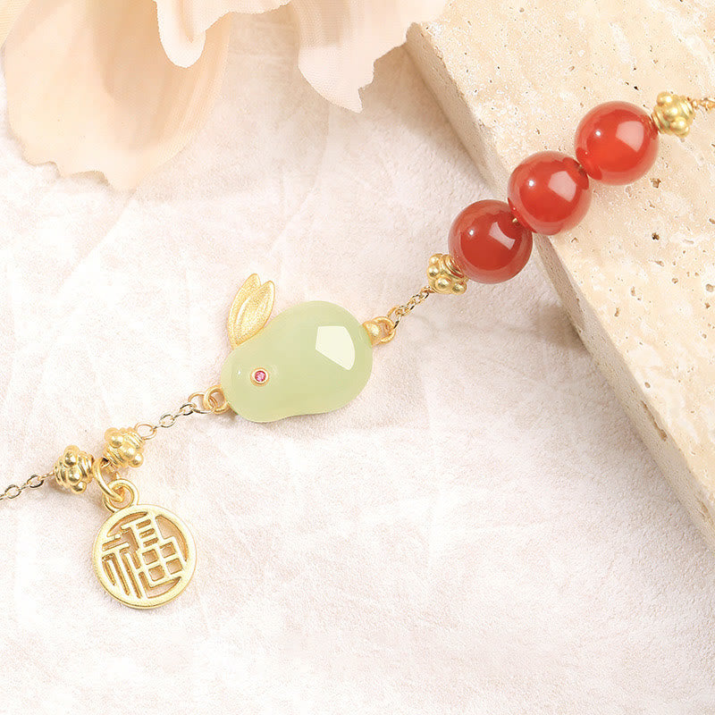 KarmaRipple's Red Agate Beaded Hetian Jade Rabbit Fu Character Fortune Buckle Chain Bracelet p5