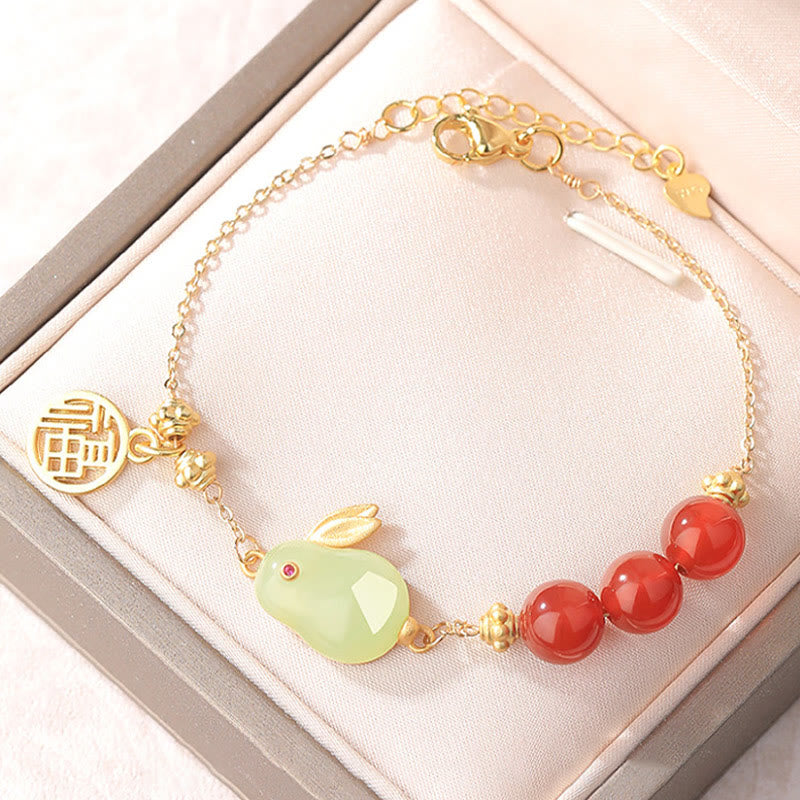 KarmaRipple's Red Agate Beaded Hetian Jade Rabbit Fu Character Fortune Buckle Chain Bracelet p3
