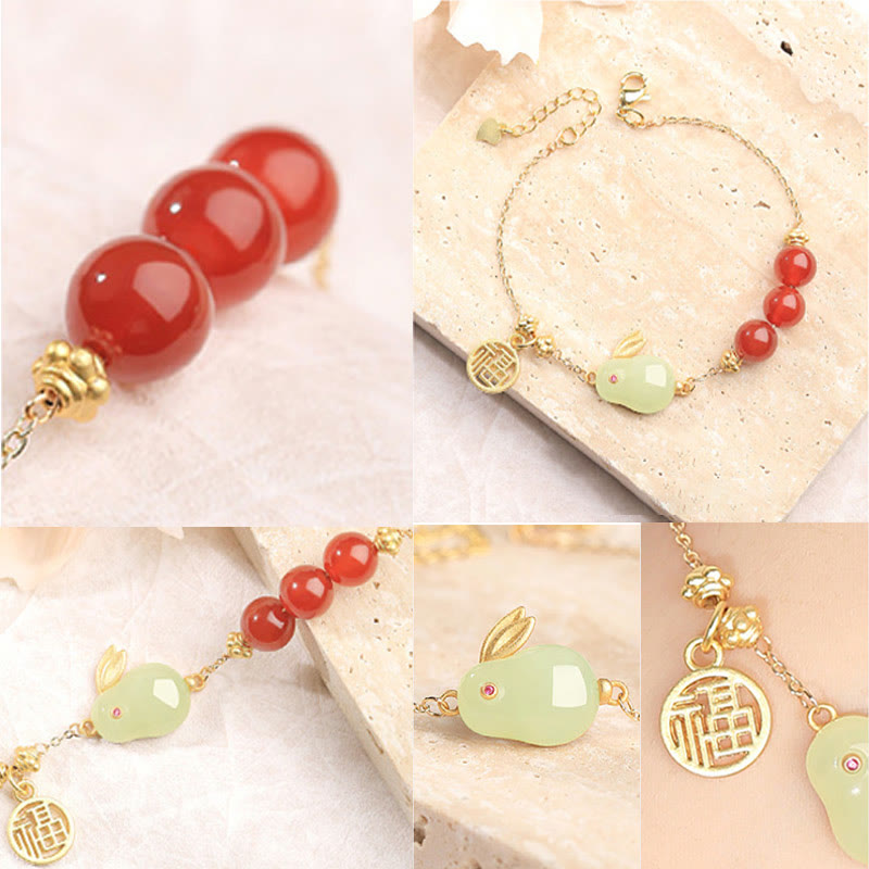 KarmaRipple's Red Agate Beaded Hetian Jade Rabbit Fu Character Fortune Buckle Chain Bracelet p11