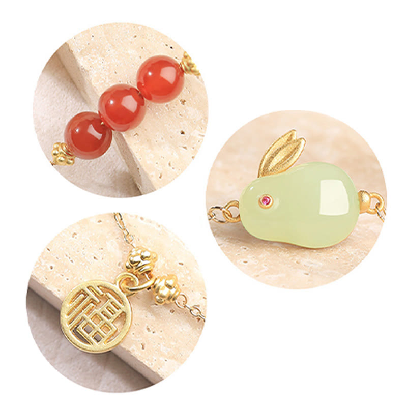 KarmaRipple's Red Agate Beaded Hetian Jade Rabbit Fu Character Fortune Buckle Chain Bracelet p12