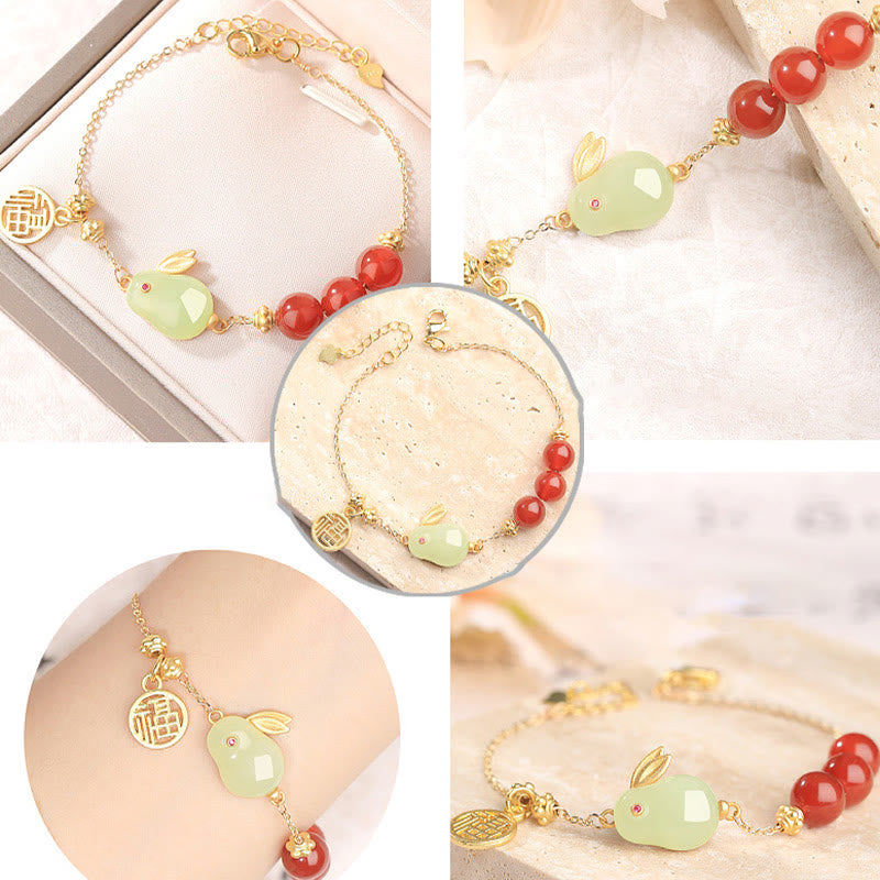 KarmaRipple's Red Agate Beaded Hetian Jade Rabbit Fu Character Fortune Buckle Chain Bracelet p10