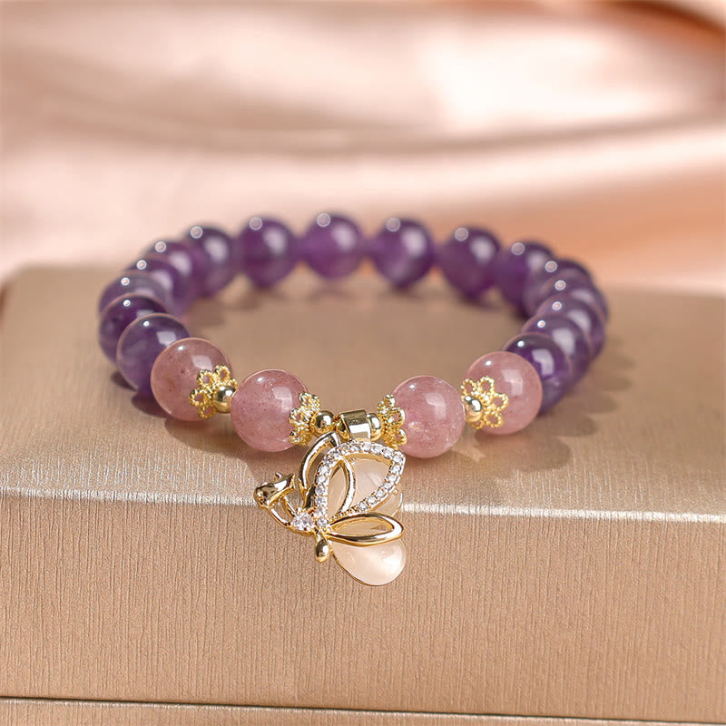 KarmaRipple's Authentic Amethyst Strawberry Quartz Gemstone Balancing Butterfly Talisman Bracelet p7