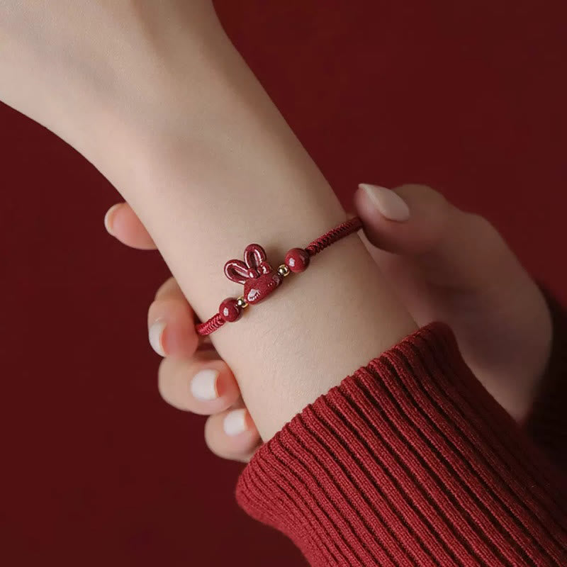 KarmaRipple's Handmade Cinnabar Chinese Zodiac Rabbit Fortune Red Rope Bracelet p4
